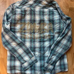 Zumba®️Plaid Flannel Button-Up Teal and Gold Sequin Shirt